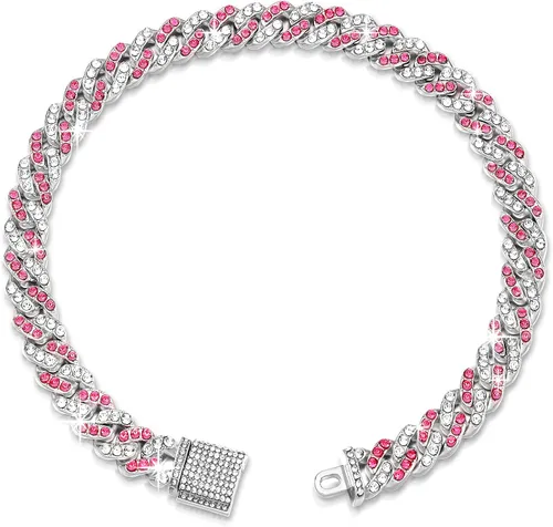 Collar de cadena para perro con purpurina de 14 pulgadas, collares de perro de diamantes color rosa y plateado con diamantes, cadenas para perros