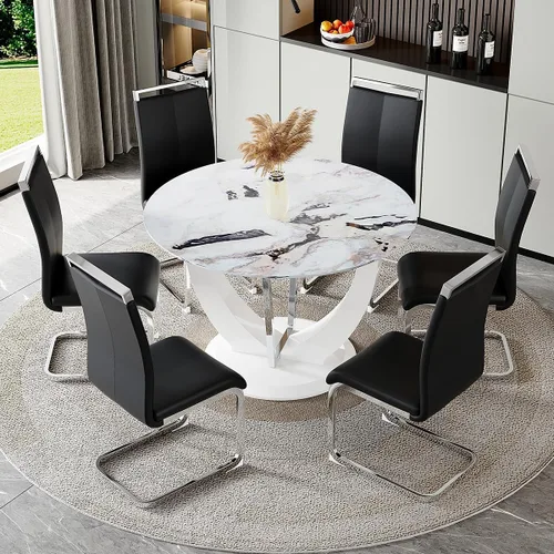 Miniatura 14 de JUFU Juego de mesa de comedor redonda para 4, mesa de comedor de 48 pulgadas con mesa de mármol sintético y 4 sillas tapizadas, moderno juego