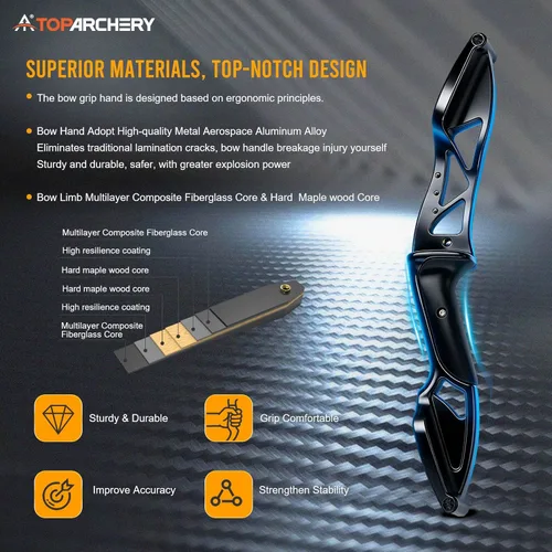 Miniatura 2 de TOPARCHERY Tiro con arco de 56 "Takedown Caza Recurve Bow Metal Riser Right Hand Longbow