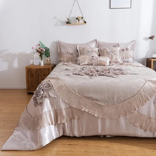 Miniatura 12 de Tache - Juego de edredón de 6 piezas de satén sedoso con volantes de encaje floral blanco perla brillante dulce victoriano glamour lujoso boda