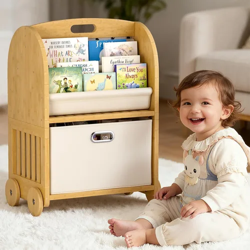 Estantería de bambú de 2 lados y 3 niveles para niños, estante Montessori con ruedas seguras y cajón de almacenamiento grande, estantería para