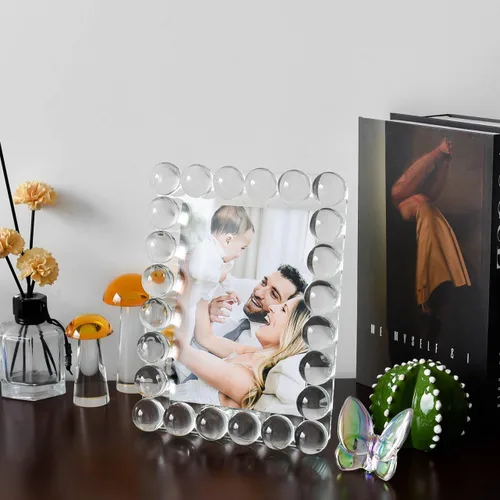 Miniatura 5 de Marco de fotos de cristal transparente de 5 x 7 pulgadas, marco de fotos con 24 bolas de alta calidad, perfecto para oficina, hogar y decoración