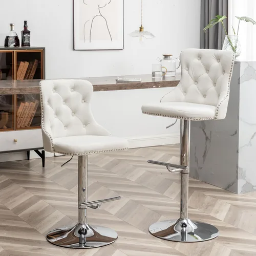 Miniatura 12 de Cinxzar Juego de 2 taburetes de bar de terciopelo, taburetes de bar giratorios de altura de mostrador con ribete de cabezas de clavos y botón, Gris