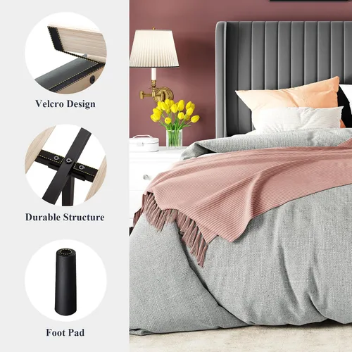 Miniatura 7 de Allewie - Base de cama tamaño King con cabecera tapizada en terciopelo y diseño acanalado vertical; base de cama tapizada en plataforma; no necesita