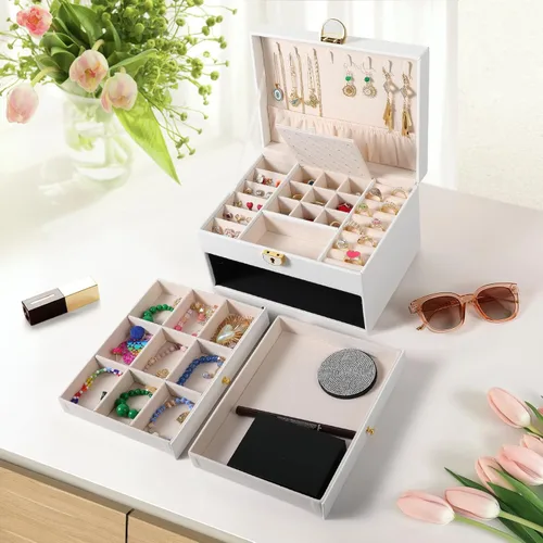 Miniatura 3 de Joyero de 3 capas, organizador de joyas con cajón organizador de joyas, grandes cajas de joyería y organizador con organizador de aretes