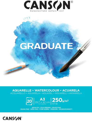 CANSON Papel A3 de Acuarela Graduada de 8.82 oz/m², prensado en frío, lado corto pegado, 20 hojas blancas naturales, ideal para estudiantes artistas