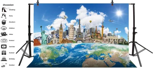 Miniatura 4 de Yeele Fondo de pantalla de 10 x 8 pies alrededor del mundo para fotografía, globo, viajes, famoso monumento mundial, vacaciones, foto, telón