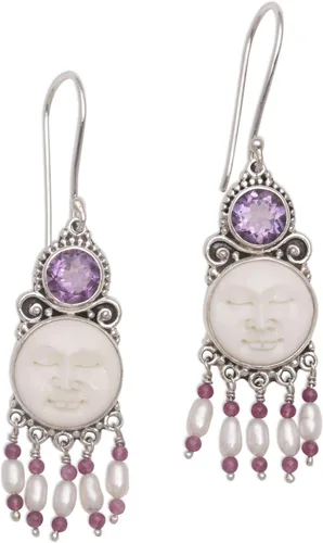 NOVICA Aretes de araña hechos a mano con perlas de agua dulce cultivadas y amatista, plata de ley 925, granate de hueso, morado y blanco, piedra