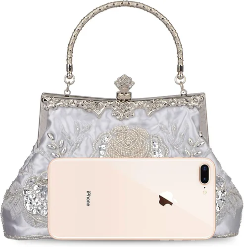 Miniatura 7 de BAGLAMOR Bolso de noche con lentejuelas de estilo vintage para mujer (plata)