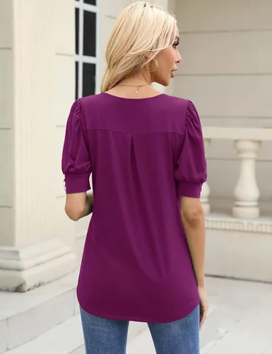 Miniatura 5 de Micoson Blusas casuales de manga corta abombada, cuello cuadrado, con puños de botón