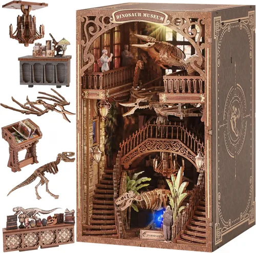 [2025 Nuevo] Kit de Rincón del Libro Museo de Dinosaurios con Cubierta Antipolvo y Luz LED, Kit de Manualidades de Casa en Miniatura, Juguetes,