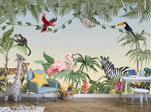 Miniatura 8 de Pegatinas de pared de animales de selva de plantas verdes tropicales, murales de pared personalizados para dormitorios, salas de estar, oficinas