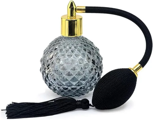 Botella de perfume de estilo vintage de cristal de 3.4 fl oz, bomba atomizadora de borlas largas de oro y plata, botella de vidrio recargable,