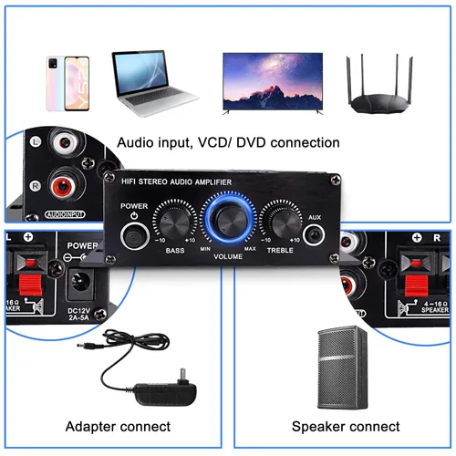 Miniatura 6 de XMSJSIY Amplificador de audio estéreo de alta fidelidad de 12 V para coche de 2 canales HiFi Bass Subwoofer Amp para coches CD DVD reproductor MP3
