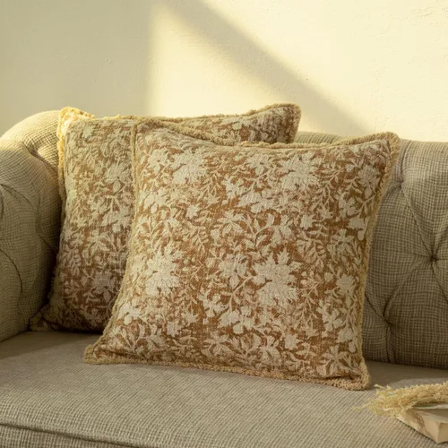 Miniatura 7 de Juego de 2 fundas de almohada decorativas de algodón indio vintage con estampado a mano (marrón ladrillo, 18 x 18 pulgadas (paquete de 2))