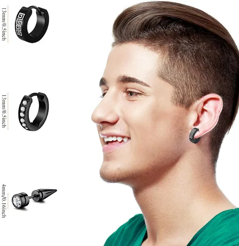 Miniatura 5 de Juego de 12 pares de aretes de acero inoxidable negros para hombre, aretes de aro punk, aretes negros para mujer, juego de aretes colgantes AMind4U