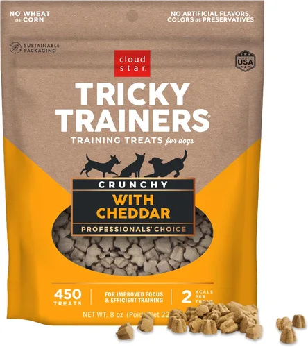 Cloud Star Tricky Trainers Crunchy Dog Training Treats Bolsa de 8 onzas, sabor cheddar, ayuda de comportamiento bajo en calorías con 450 golosinas