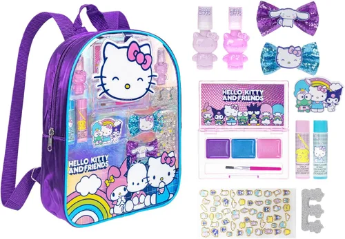 Set de maquillaje Hello Kitty y sus amigos con mochila llena con 12 piezas, incluyendo brillo de labios, esmalte de uñas, piedras para uñas y otros
