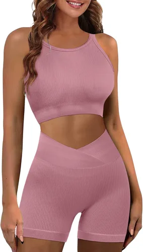 JZC Conjuntos de entrenamiento para mujer, 2 piezas, acanalados, sin costuras, pantalones cortos de cintura alta, trajes de yoga