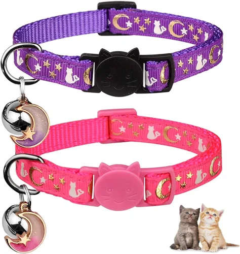 Miniatura 8 de Baeuppit 2 piezas de collares de gato separables con campana, lunas, estrellas, lindos collares ajustables para gatitos con colgante que brillan
