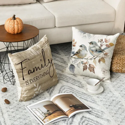 Miniatura 5 de AVOIN colorlife Chinoiserie - Juego de 4 fundas de almohada con diseño de flores de amapola Chickadee Home Sweet Home, 16 x 16 pulgadas, otoño