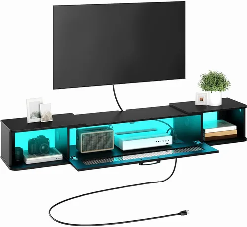 Miniatura 9 de HOOBRO Soporte de TV flotante con luz LED y toma de corriente para televisores de hasta 65 pulgadas, estante de TV montado en la pared, consola