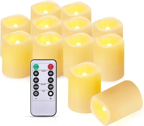 IMAGE Velas de té sin llama con temporizador y control remoto, paquete de 12 velas votivas sin llama para decoración del hogar, bodas y eventos.