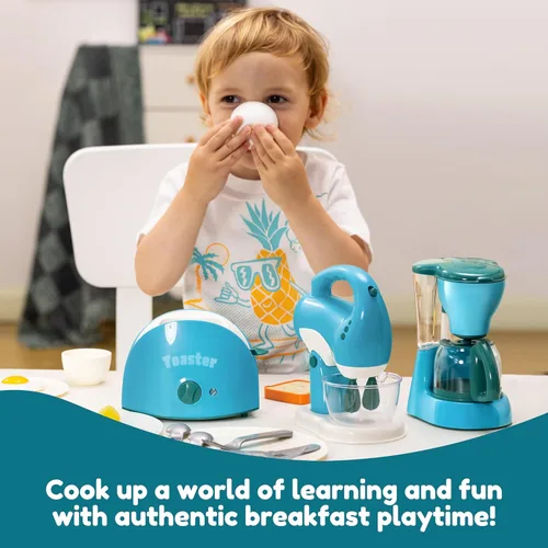 Miniatura 5 de Joyin Juguetes de Cocina de Juego, Juguete de Accesorios de Cocina de Comida de Juguete para Niñas con Cafetera, Batidora, Tostadora con Luces y Azul