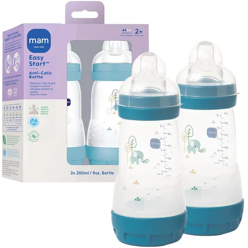 MAM Easy Start - Biberón anticólicos de 9 onzas, flujo medio, biberón de silicona similar a la lactancia materna, reduce los cólicos, los gases y el