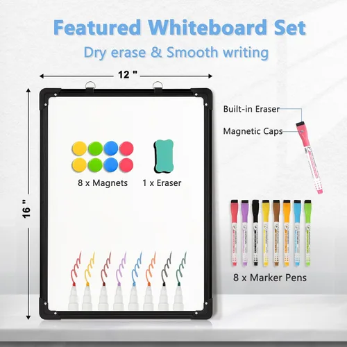 Miniatura 5 de Pizarra blanca de doble cara, 16 x 12 pulgadas, pizarra blanca pequeña para colgar en la pared, pizarra blanca magnética para colgar en seco