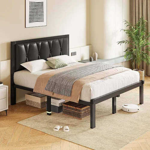 Miniatura 8 de GalnFu Base de cama de tamaño matrimonial con cabecera capitoné con botones, plataforma tapizada de piel sintética, marco de cama de metal