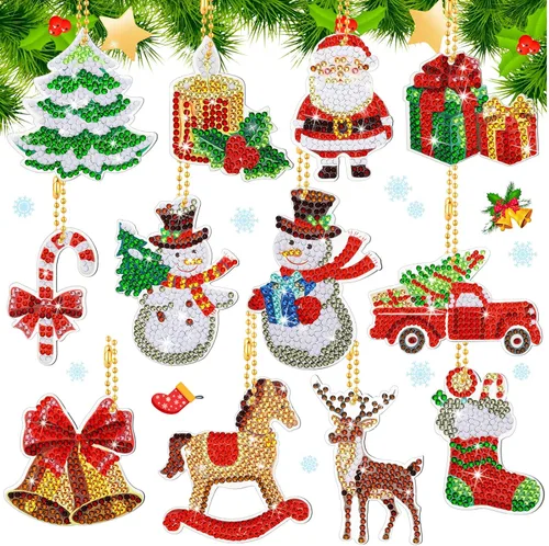 Ferraycle 12 piezas de adornos de Navidad de arte de diamantes de Navidad, adornos de pintura de diamantes 5D, kits de llaveros de pintura colgante
