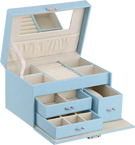 BEWISHOME SSH78L - Joyero de 20 secciones para niñas, organizador de joyas con cerradura portátil para mujeres, niñas, niños, color azul