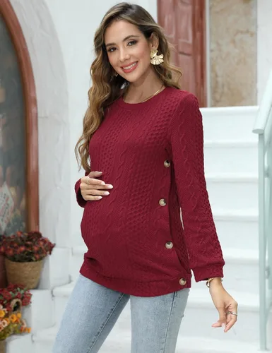 Miniatura 2 de FUNJULY Suéter de maternidad de punto trenzado para mujer, cuello redondo, manga larga, para embarazo, lactancia, doble división con botones