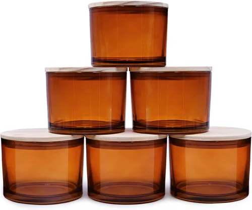 SHOWIN Frascos de vela gruesos de 18 onzas para hacer velas 6 piezas, frascos vacíos con tapas de madera para hacer velas, contenedor de muestra,