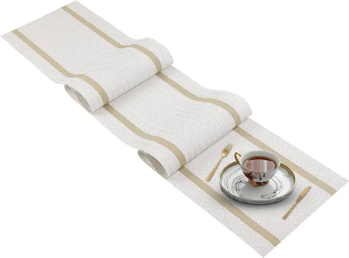 Miniatura 14 de FAVE Camino de mesa de vinilo tejido blanco Camino de mesa tejido con hilos dorados 72x12 pulgadas resistente al calor limpiable Manteles de mesa