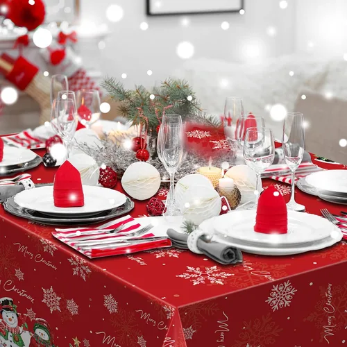 Miniatura 8 de FunnyPars 3 piezas manteles de muñeco de nieve navideños de plástico, cubierta de mesa de invierno con copos de nieve y árbol de Navidad