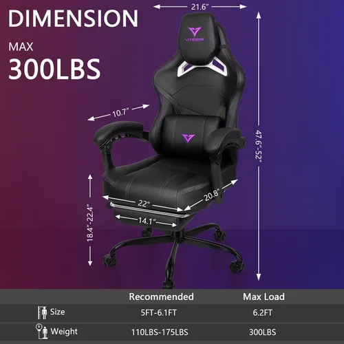 Miniatura 3 de Waleaf Silla de juegos grande y alta para adultos con reposapiés, capacidad de peso de 400 libras, sillas de videojuegos para oficina, silla