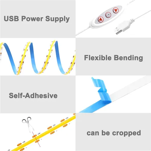 Miniatura 5 de Tira de luces LED COB USB para TV, 5 V alimentadas por USB, luces LED regulables, luz blanca cálida, 3.3 pies, 320 LED/M, 3000 K, tira de luz