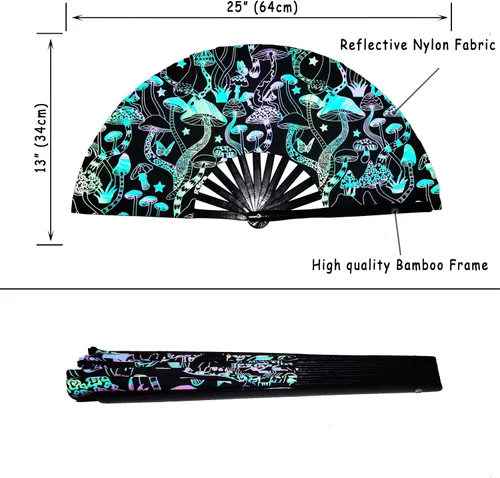 Miniatura 3 de Ventilador grande para rave para mujeres/hombres, ventilador de mano reflectante con ventilador de mano de bambú y tela de nailon, para actuación