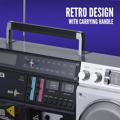Miniatura 7 de aiwa Reproductor de CD Boombox retro con grabación de cassette, Bluetooth 5.0, radio FM/AM, entradas USB/SD/AUX, medidores VU, pantalla LCD, Plateado
