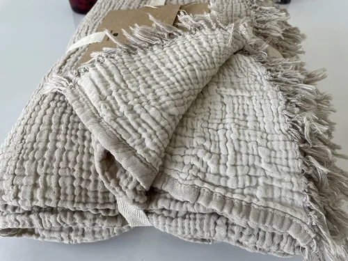 Miniatura 3 de Manta de muselina 100% algodón, colcha de 4 capas, suave muselina de algodón turco, colcha reversible, beige (tamaño King 95 x 102 – 90.6 x 102.4 in)