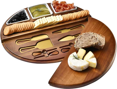 Miniatura 10 de Shanik Juego Mejorado de Tabla Giratoria Lazy Susan para Cortar Queso - Tabla Redonda de Acacia para Charcutería con 4 Tazones de Cerámica - Regalos