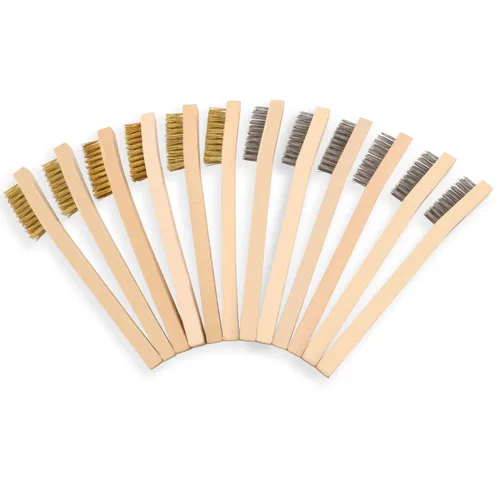 Juego de 12 cepillos de alambre, pequeños cepillos de alambre para detallar, cerdas de latón/acero inoxidable con mango de madera curvado de 8