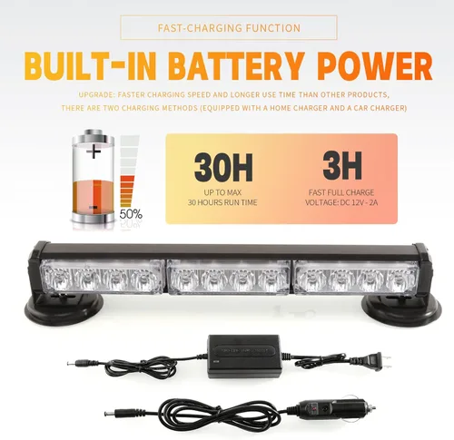 Miniatura 3 de Barra de luces estroboscópicas de emergencia alimentada por batería de 14 pulgadas para camión, vehículo, remolque, recargable, para carretera