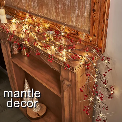 Miniatura 2 de Fudios - Guirnalda iluminada de bayas rojas con temporizador de 6 pies y 120 LED que funciona con pilas y USB, luces de guirnalda de Navidad