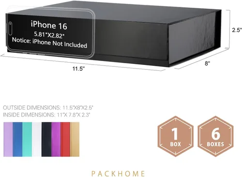 Miniatura 2 de PACKHOME Caja de regalo de 11.5 x 8 x 2.5 pulgadas, caja resistente para camisas con tapa magnética para múltiples ocasiones (negro brillante)