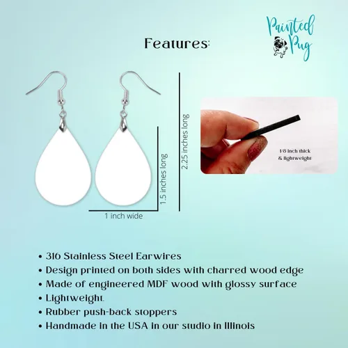 Miniatura 10 de Dangle Earrings for Women Colorful Dangling Drop Statement Jewelry Printed MDF Wood Teardrop Double Side Print Handmade by The Painted Pug