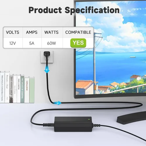 Miniatura 2 de Adaptador de corriente de 12V 5A compatible con Insignia TV 19″ 20″ 24″ 28″ 32″ LED HDTV NS-32D220NA16, NS-32D420NA16, NS-32D312NA15