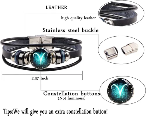 Miniatura 4 de zodiac - Pulsera de acero inoxidable para hombre y mujer, estilo vintage, punk, de cuero negro